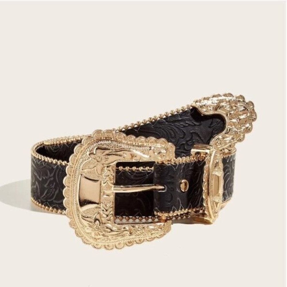 Women's Western Black Belt with Gold Buckle Size 6-10 NWOT